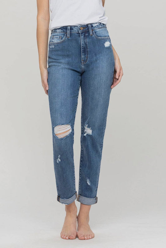 Distressed Double Cuff Mom Jean-Flying Monkey