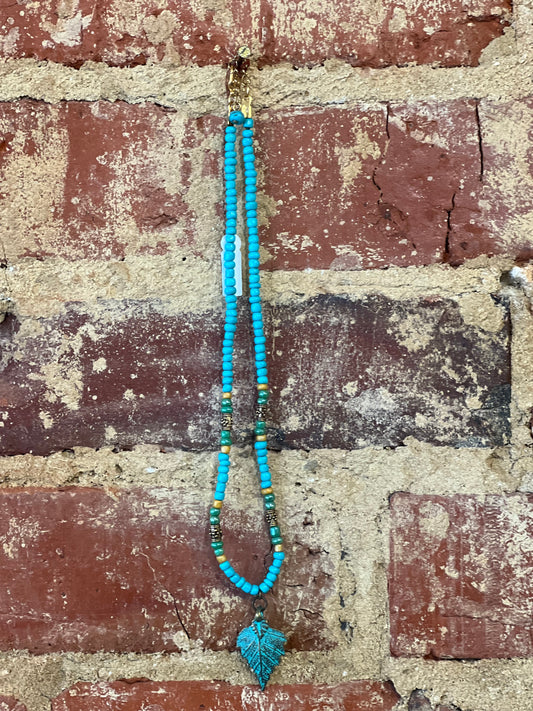 Turquoise Beaded Leaf Necklace