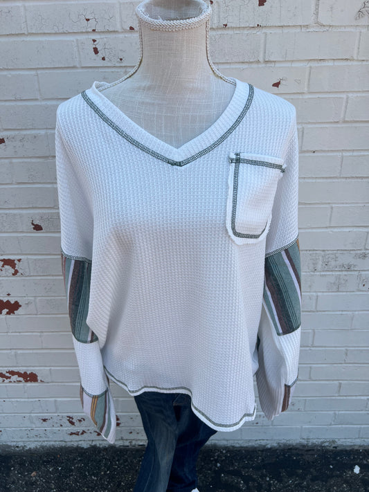 White Waffle Knit Patchwork Top